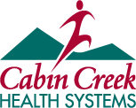 Cabin Creek Health Systems Logo with a human figure and green mountains