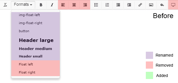 Showing the Rich Text Editor before and after changes.