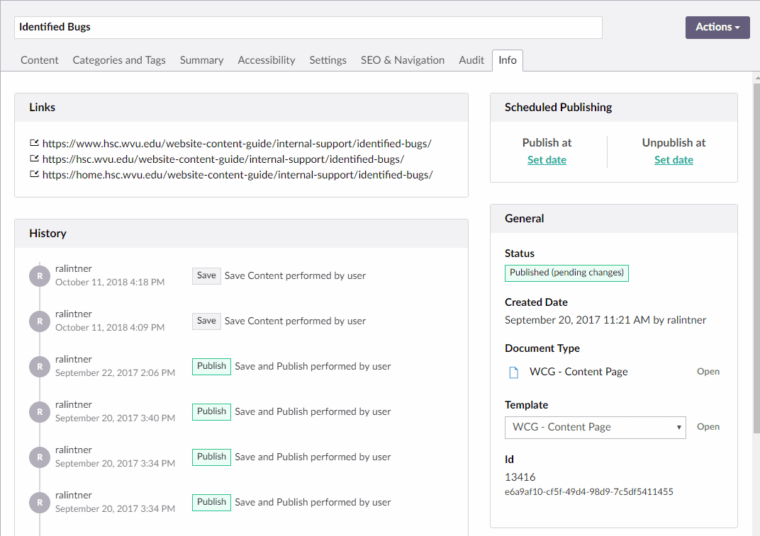 A screenshot of the "Info" tab on the Umbraco Editor for a page.