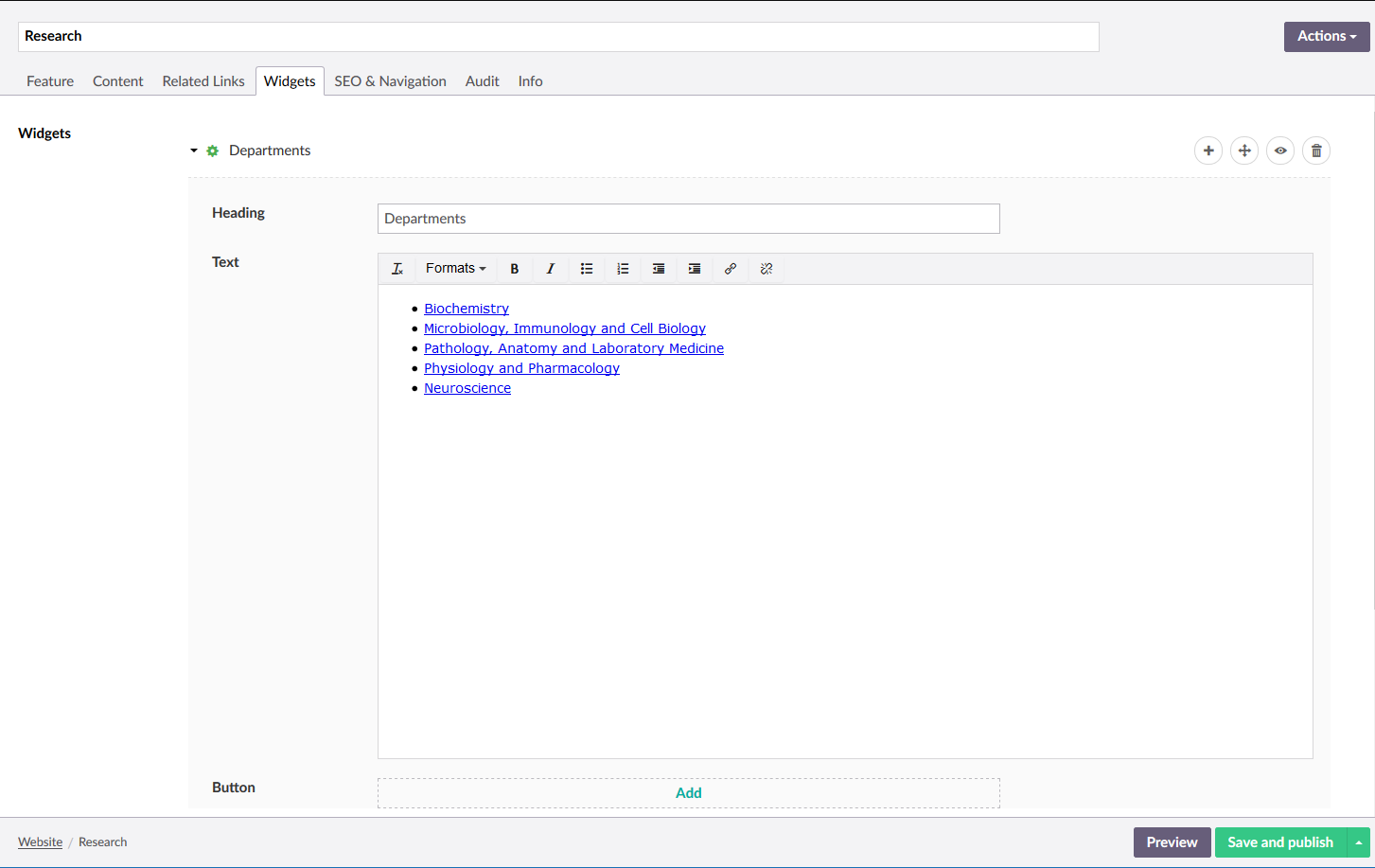 Backoffice view of a Research page, with the Widgets tab selected, and a Departments widget expanded showing properties for Heading, Text, and Button.