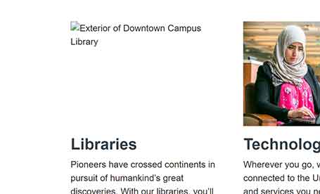 A screenshot showing a simulated broken image. There is a broken image icon next to the text, “Exterior of Downtown Campus Library”.