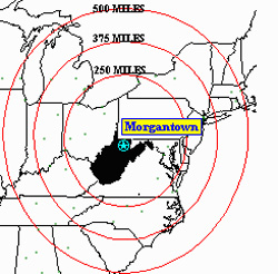 A map of the eastern United States, with lines marking 250, 375, and 500 mile radii of the map’s centerpoint: Morgantown, WV.